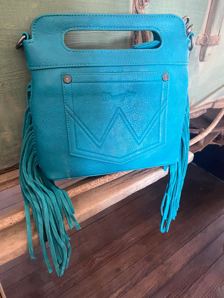 Wrangler Top Handle Embroidered Fringe Tote/Crossbody - Turquoise - Deer Creek Mercantile