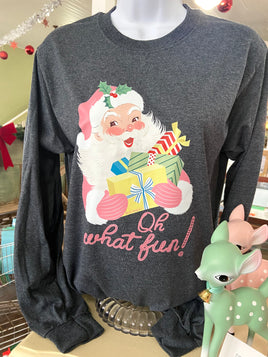 Oh What Fun! Retro Santa Long Sleeved Graphic *Dark Gray - Deer Creek Mercantile