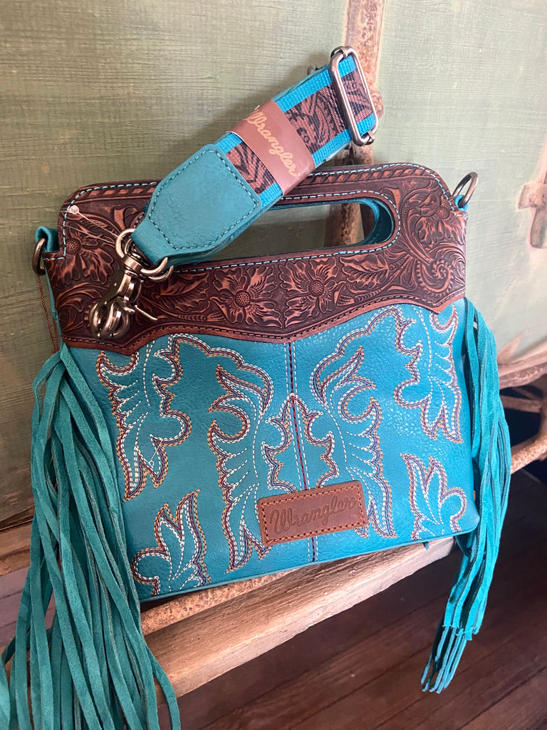 Wrangler Top Handle Embroidered Fringe Tote/Crossbody - Turquoise - Deer Creek Mercantile