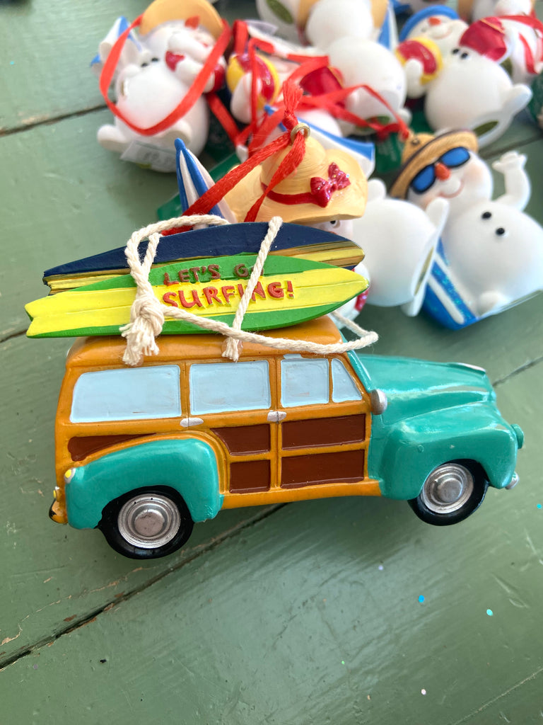 Tropical Christmas Woody Wagon Car W/Surfboard Ornament - Deer Creek Mercantile