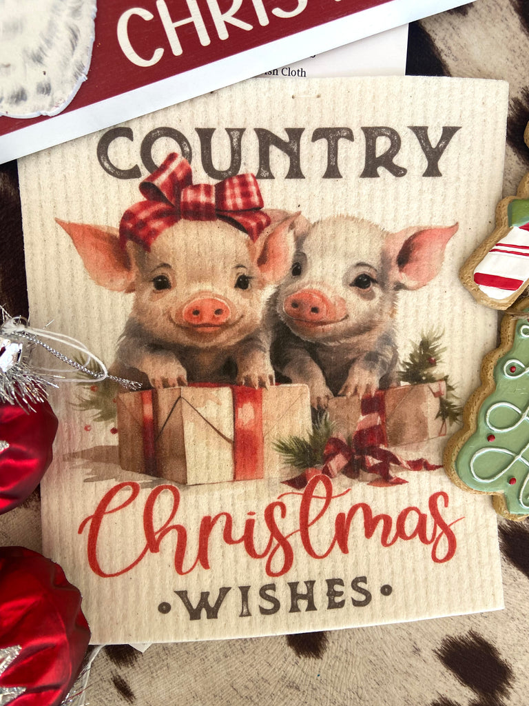 Country Christmas Wishes Piglets Swedish Dish Towel - Deer Creek Mercantile