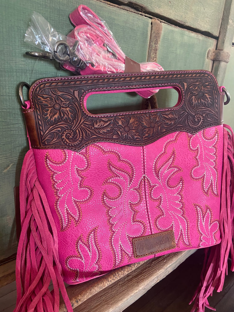 Wrangler Top Handle Embroidered Fringe Tote/Crossbody - Hot Pink - Deer Creek Mercantile