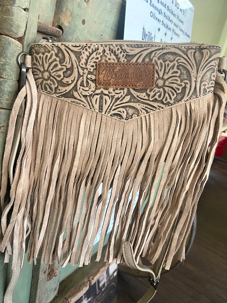 Wrangler Vintage Floral Tooled Collection Fringe Wristlet/Crossbody - Khaki - Deer Creek Mercantile