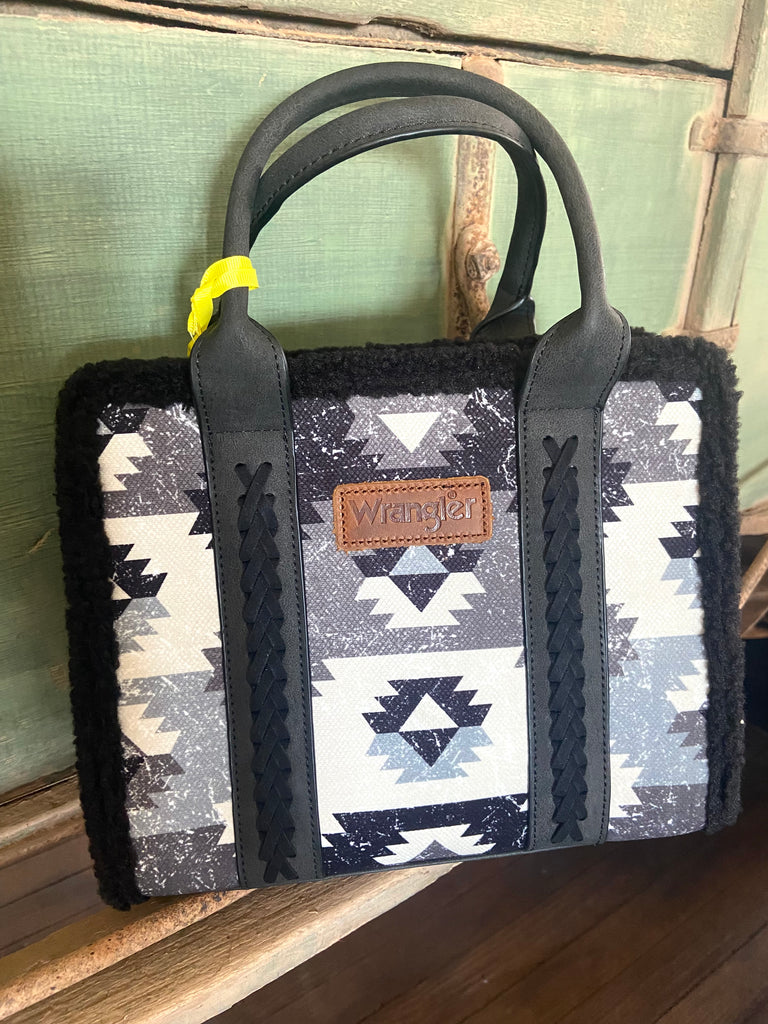 Wrangler Sherpa Southwestern Print Small Canvas Tote/Crossbody - Black - Deer Creek Mercantile