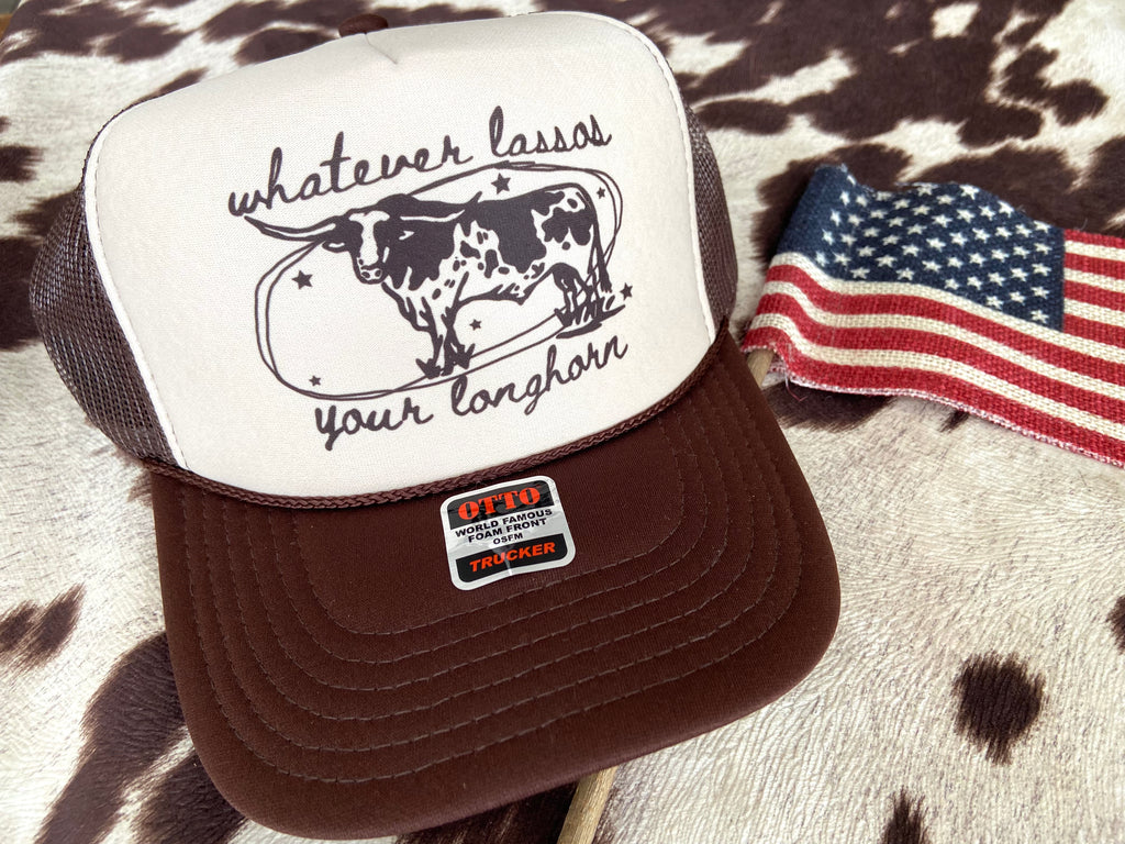 Whatever Lassos Your Longhorn Trucker Hat *Brown/Cream - Deer Creek Mercantile