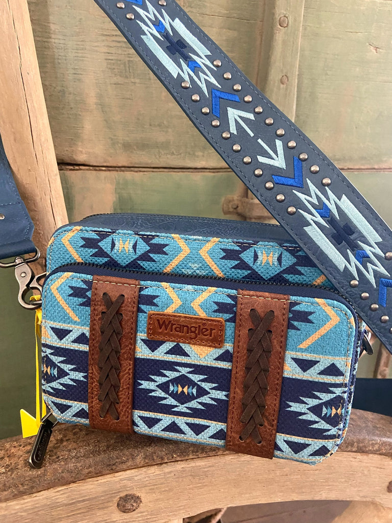 Wrangler Southwestern Printed Crossbody Purse With Wallet Compartment - Navy - Deer Creek Mercantile