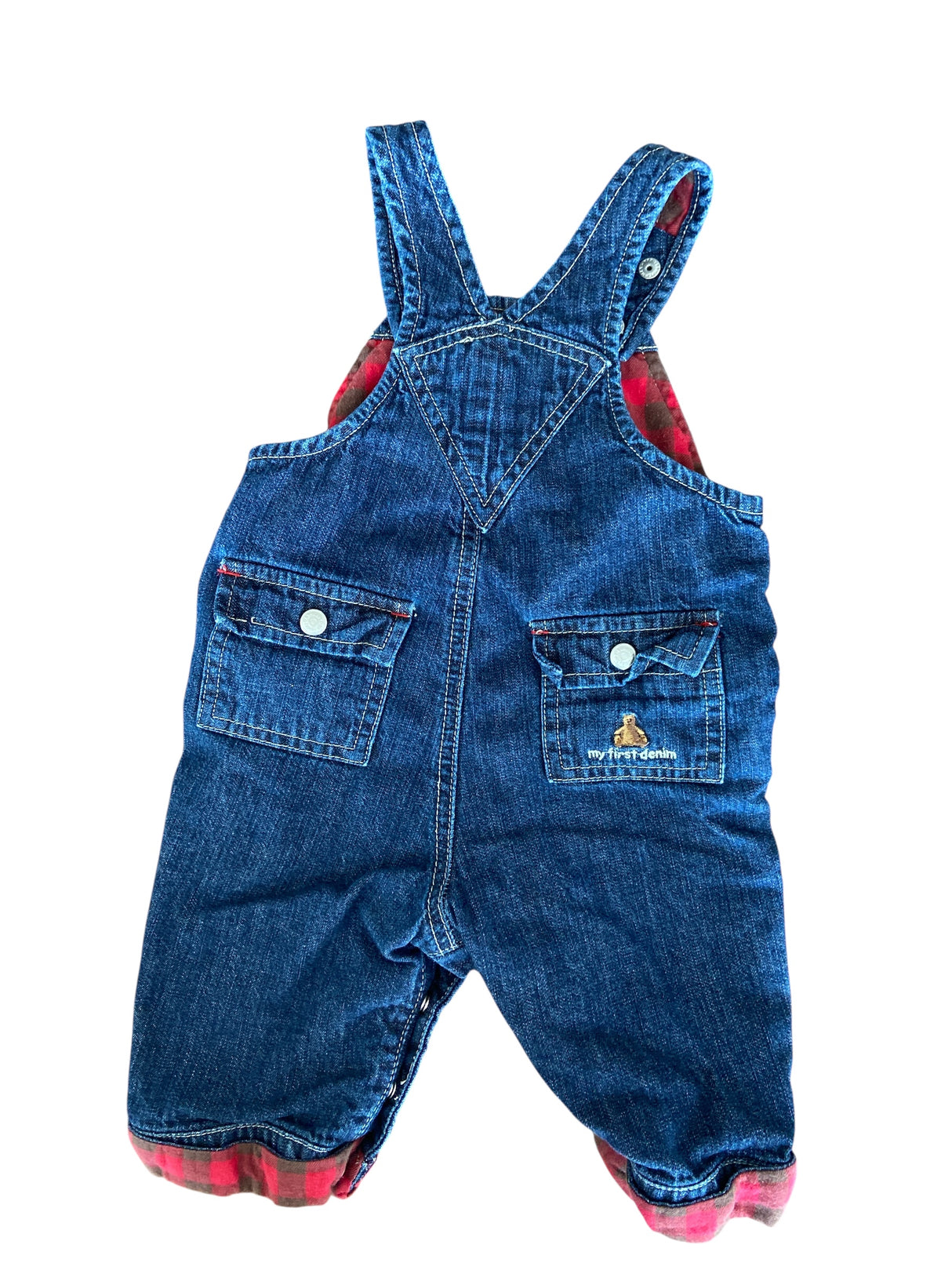 Pre-Loved GAP Denim Overalls W/ Red Plaid Size 3-6 Months “My First Denim” - Deer Creek Mercantile