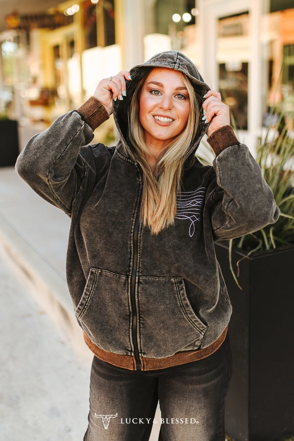 Midnight Cowgirl Boot Stitch Embroidered Zip Up Jacket *Mineral Wash Black - Deer Creek Mercantile