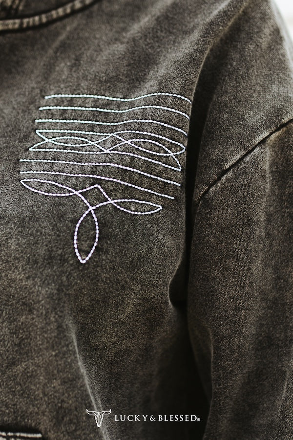 Midnight Cowgirl Boot Stitch Embroidered Zip Up Jacket *Mineral Wash Black - Deer Creek Mercantile