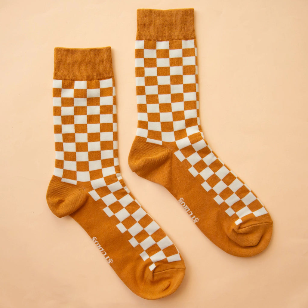 Retro Style Checkered Mustard & White Socks - Deer Creek Mercantile