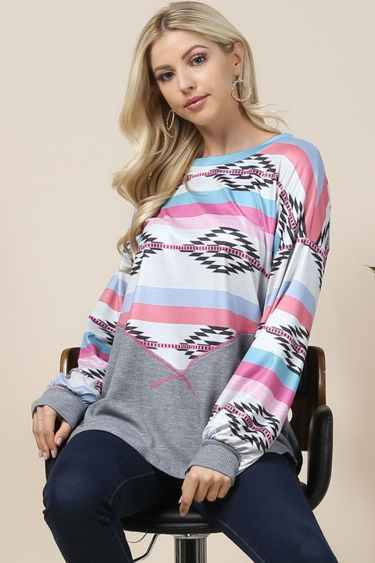 Doorbuster #13 Brielle Southwest Print Color Block Top *Heather Gray/Pink - Deer Creek Mercantile