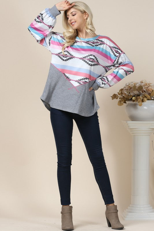 Doorbuster #13 Brielle Southwest Print Color Block Top *Heather Gray/Pink - Deer Creek Mercantile