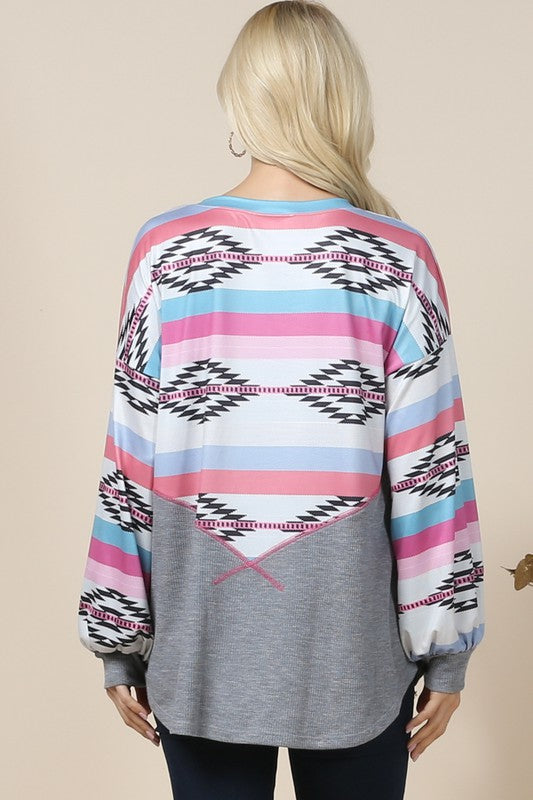 Doorbuster #13 Brielle Southwest Print Color Block Top *Heather Gray/Pink - Deer Creek Mercantile