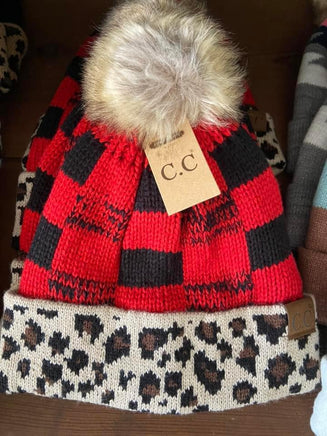 C.C. Leopard/ Red Buffalo Plaid Beanie - Deer Creek Mercantile