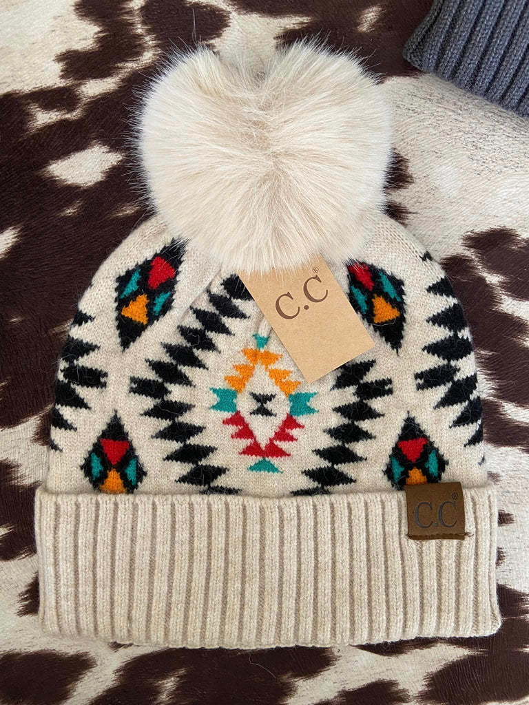 Southwestern Pattern Print Stocking Cap Beanie (Beige) - Deer Creek Mercantile