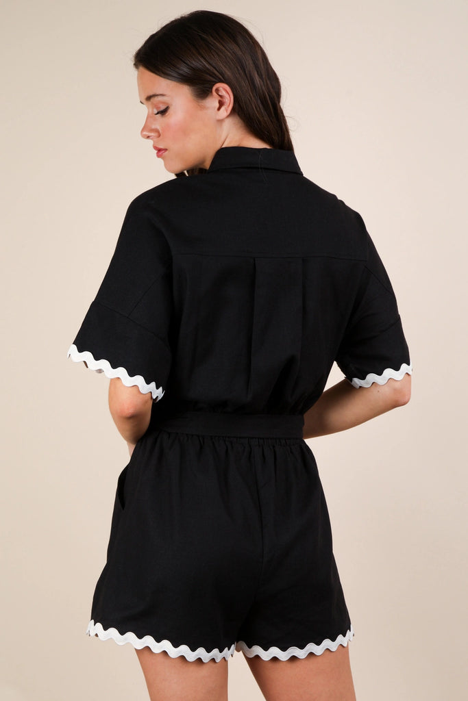 Wave On Wave Trim Detail Button Down Romper *Black - Deer Creek Mercantile