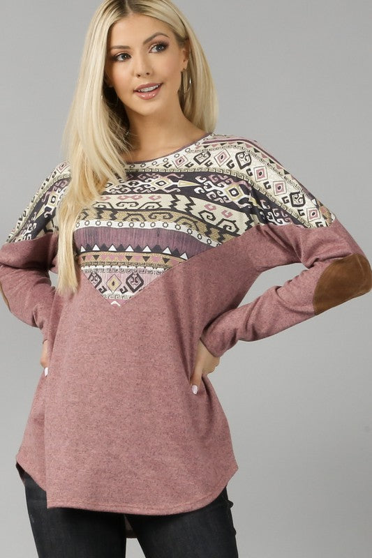 Doorbuster #12 Marisa Southwest Print Elbow Patch Top *Mauve - Deer Creek Mercantile