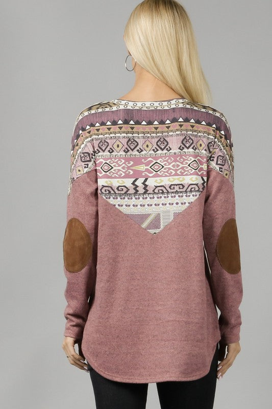 Doorbuster #12 Marisa Southwest Print Elbow Patch Top *Mauve - Deer Creek Mercantile