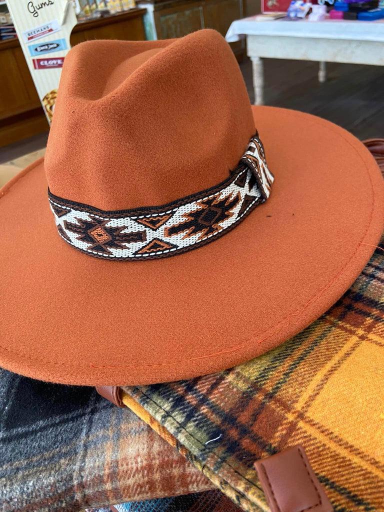Panama Hat W/ Southwestern Print Hatband (Rust) - Deer Creek Mercantile