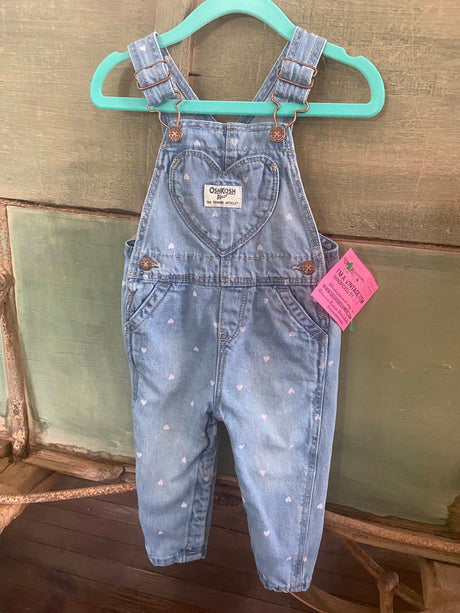 Pre-Loved OshKosh Pink Heart Denim Overalls (Size 12 Months) - Deer Creek Mercantile