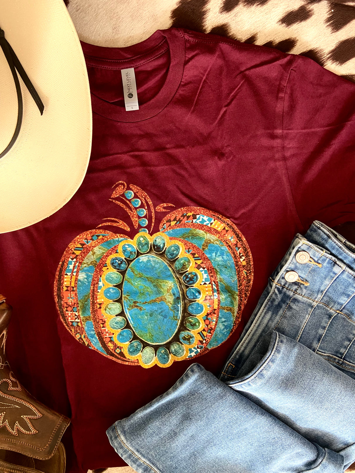 2023 Turquoise Stone Fall Pumpkin Graphic Tee (Burgundy) - Deer Creek Mercantile