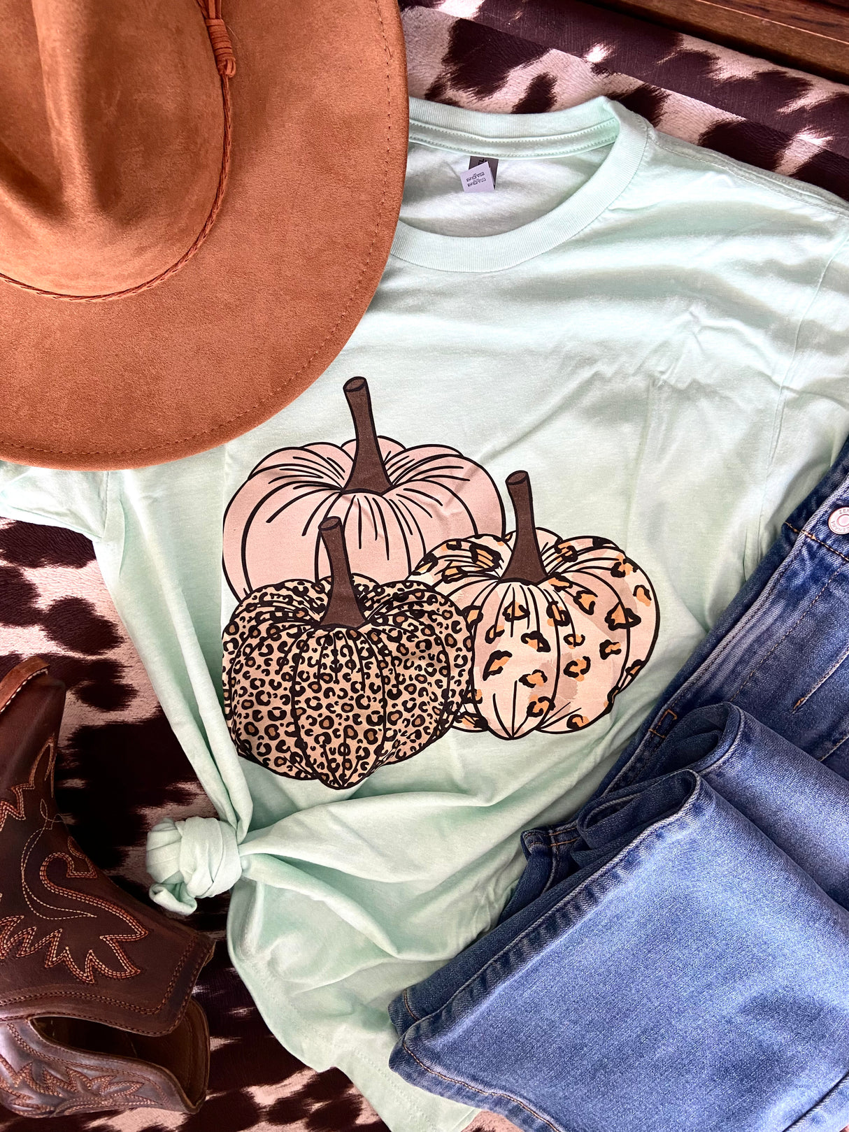 Mint Leopard Pumpkins Fall Graphic Tee - Deer Creek Mercantile