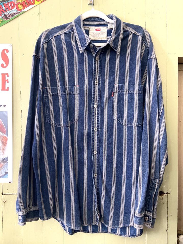 Vintage LEVI'S Blue/Gray Striped Button Down Shirt RED TAB 1990s *Size Large - Deer Creek Mercantile