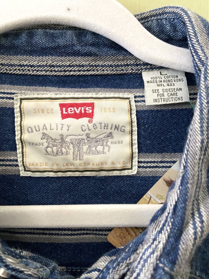 Vintage LEVI'S Blue/Gray Striped Button Down Shirt RED TAB 1990s *Size Large - Deer Creek Mercantile