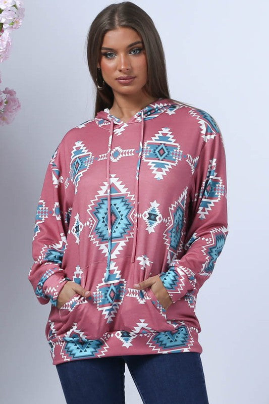 Doorbuster #6 Southwest Print Pocket Hoodie *Mauve - Deer Creek Mercantile