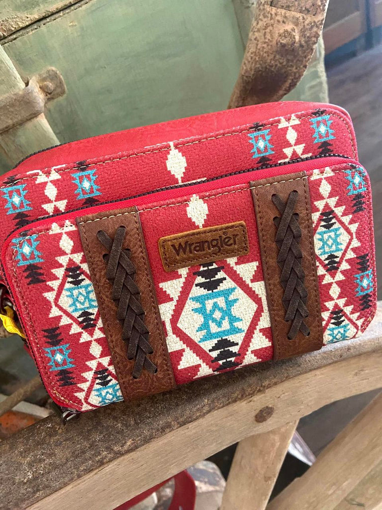 Wrangler Southwestern Printed Crossbody Purse With Wallet Compartment - Red - Deer Creek Mercantile