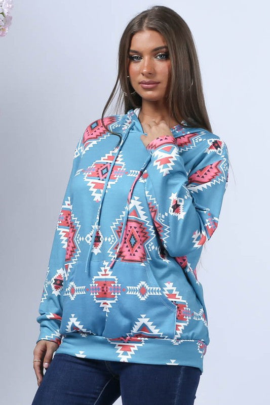 Doorbuster #7 Southwest Print Pocket Hoodie *Turquoise - Deer Creek Mercantile