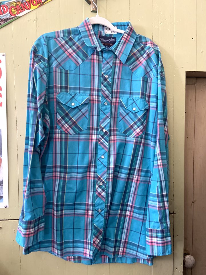 Vintage Wrangler Turquoise Plaid Shirt Size 171/2 -37 - Deer Creek Mercantile
