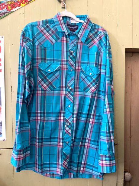 Vintage Wrangler Turquoise Plaid Shirt Size 171/2 -37 - Deer Creek Mercantile