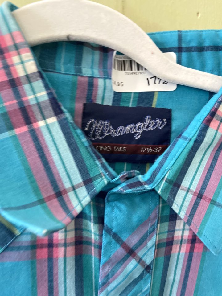 Vintage Wrangler Turquoise Plaid Shirt Size 171/2 -37 - Deer Creek Mercantile