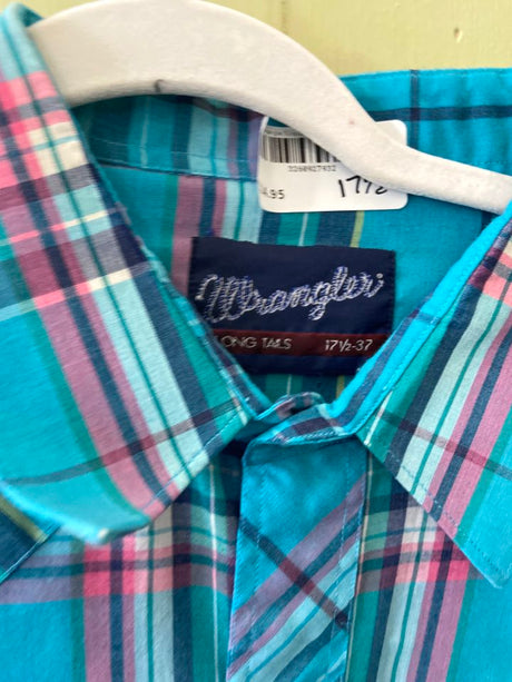 Vintage Wrangler Turquoise Plaid Shirt Size 171/2 -37 - Deer Creek Mercantile