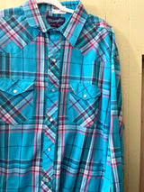 Vintage Wrangler Turquoise Plaid Shirt Size 171/2 -37 - Deer Creek Mercantile