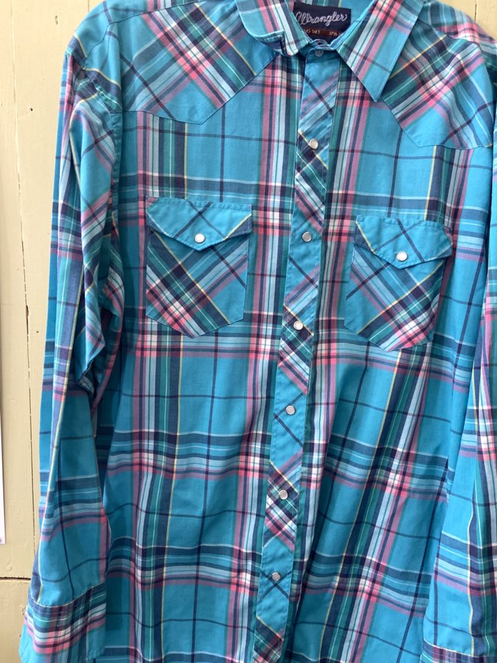 Vintage Wrangler Turquoise Plaid Shirt Size 171/2 -37 - Deer Creek Mercantile
