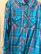 Vintage Wrangler Turquoise Plaid Shirt Size 171/2 -37 - Deer Creek Mercantile