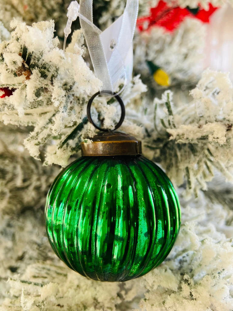 2" Medium Emerald Green Ribbed Glass Christmas Bauble - Deer Creek Mercantile