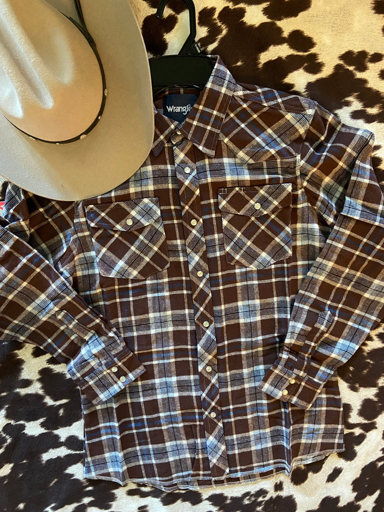 KIDS Brown/Blue/White Plaid Wrangler Boys Snap Shirt (BF099AA) - Deer Creek Mercantile