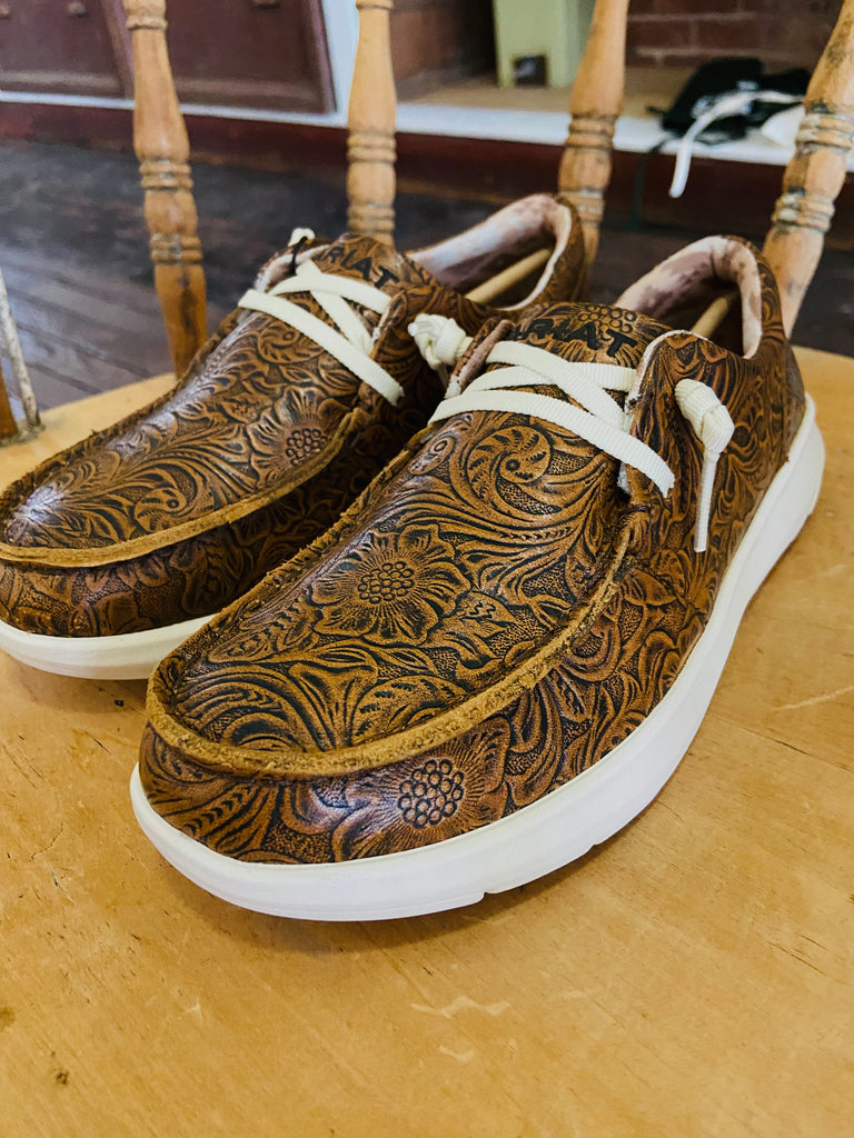 Womens Ariat Hilo Floral Embossed Tooled Shoes (Brown) - Deer Creek Mercantile